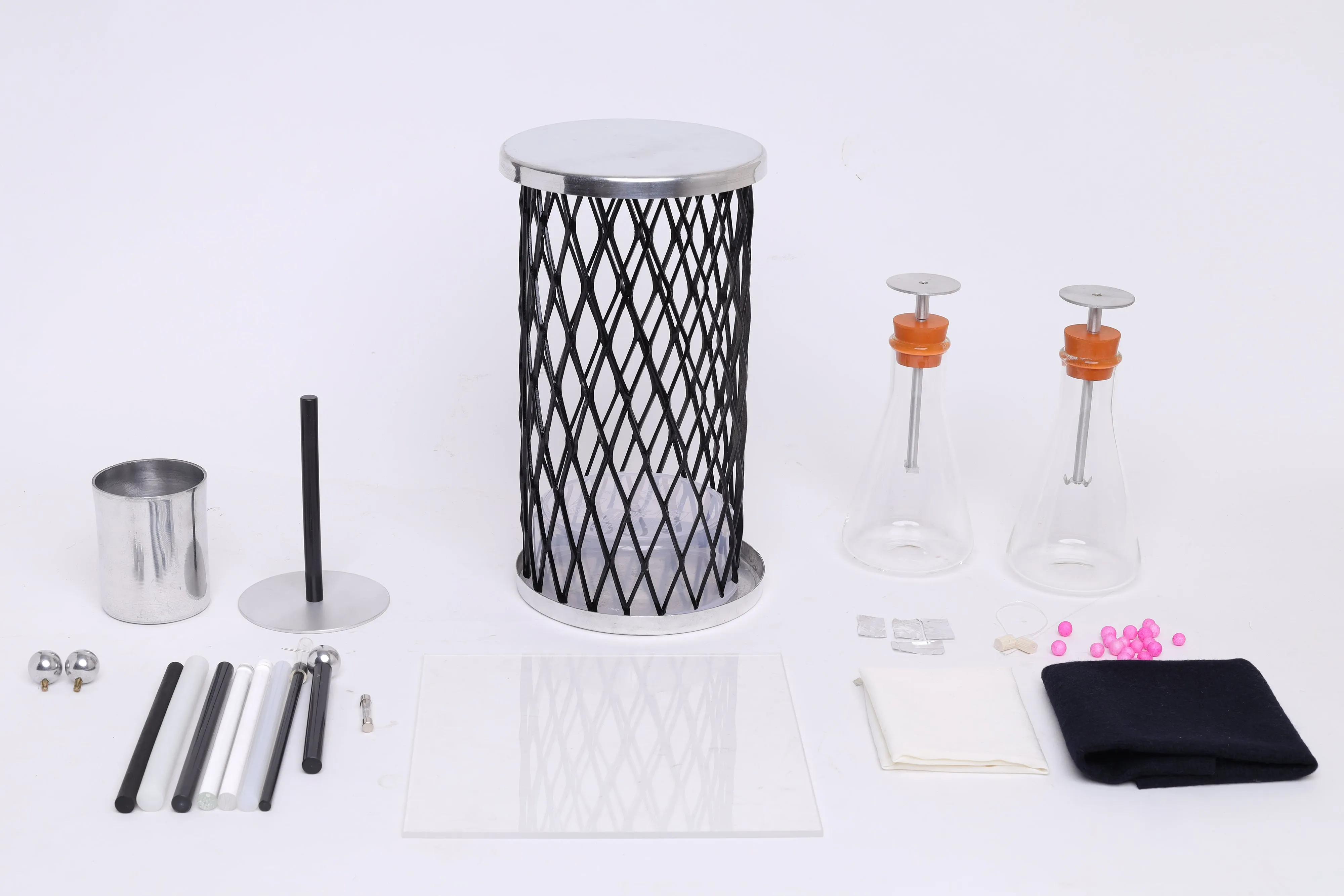 15 Piece Electrostatic Demonstration Kit - Includes Electroscopes, Faraday Cage, Ice Pail, Electrophorus, Friction Rods & More - For Lightning Rod Demonstrations - Eisco Labs