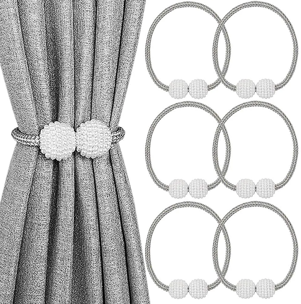 6 Pcs Magnetic Curtain Tiebacks, Sichumaria Pearl Ball Home Curtain Buckle,Curtain Holders Tieback Set of 3,Convenien Tie Backs Decorative Curtain Holdbacks for Window (6)