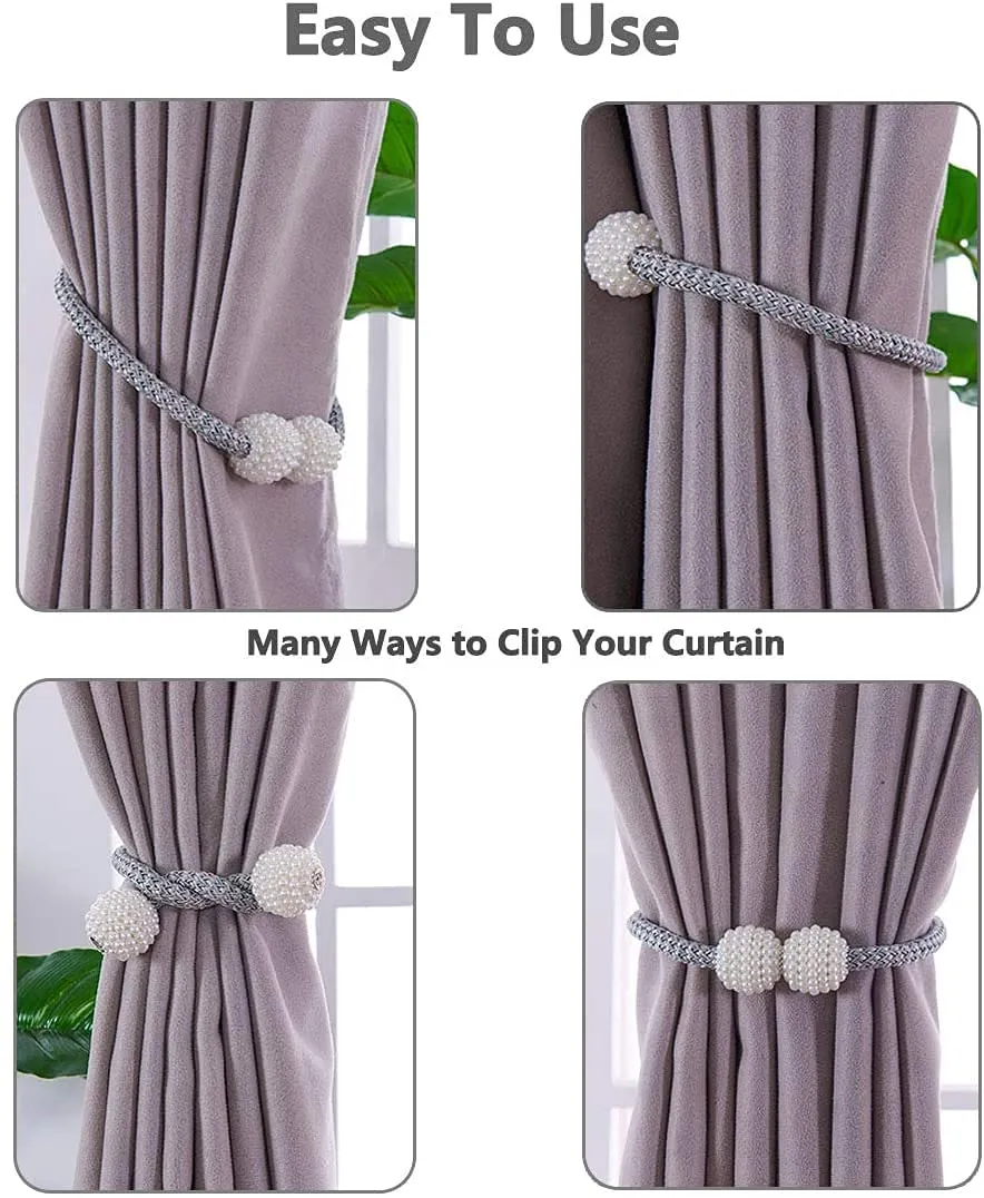 6 Pcs Magnetic Curtain Tiebacks, Sichumaria Pearl Ball Home Curtain Buckle,Curtain Holders Tieback Set of 3,Convenien Tie Backs Decorative Curtain Holdbacks for Window (6)