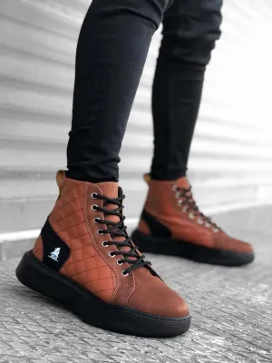 BA0159 Lace-up Dark Tan Quilted Men's High-Sole Sports Boots