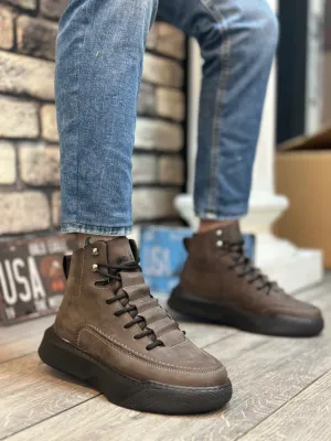 BA0321 Hidden Lace Men's High Sole Brown Sports Boots