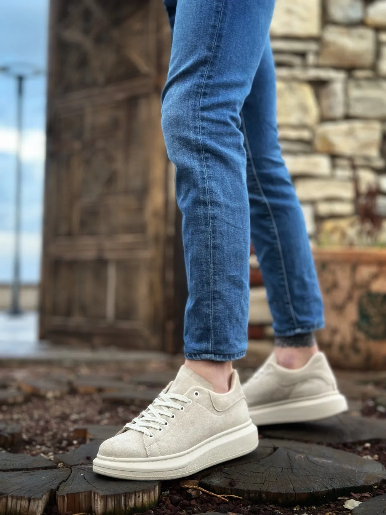BA0547 Thick High Cream Sole Cream Suede Lace-Up Sports Men's Shoes