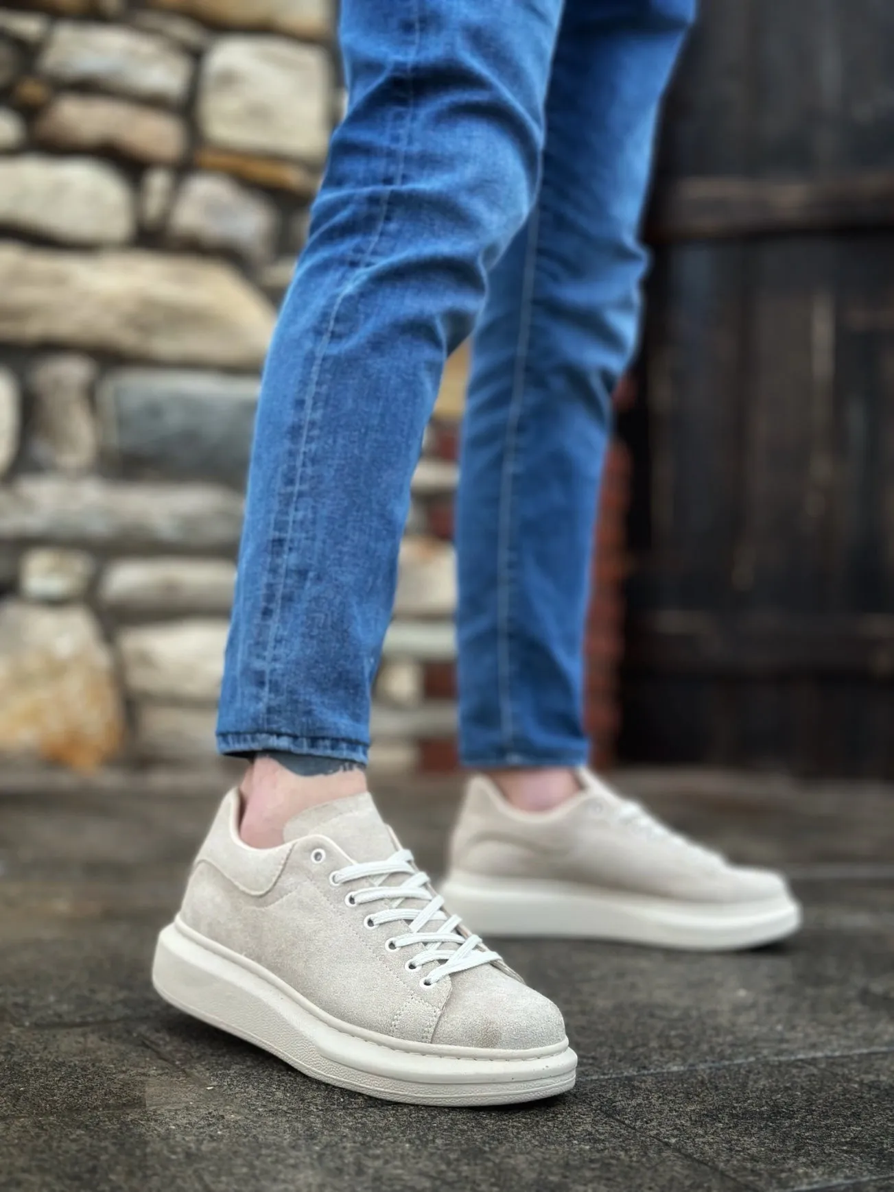 BA0547 Thick High Cream Sole Cream Suede Lace-Up Sports Men's Shoes