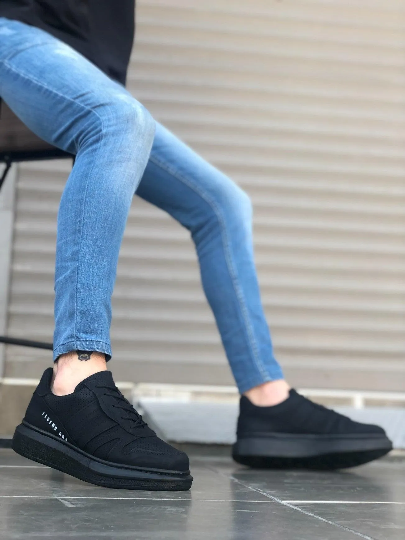 BA0548 Thick High Black Sole Black Lace-up Sports Men's Sneaker Shoes