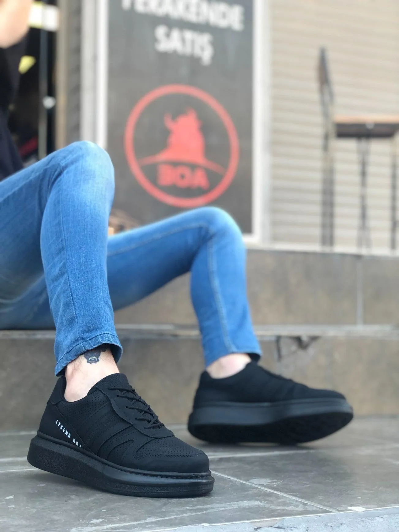 BA0548 Thick High Black Sole Black Lace-up Sports Men's Sneaker Shoes