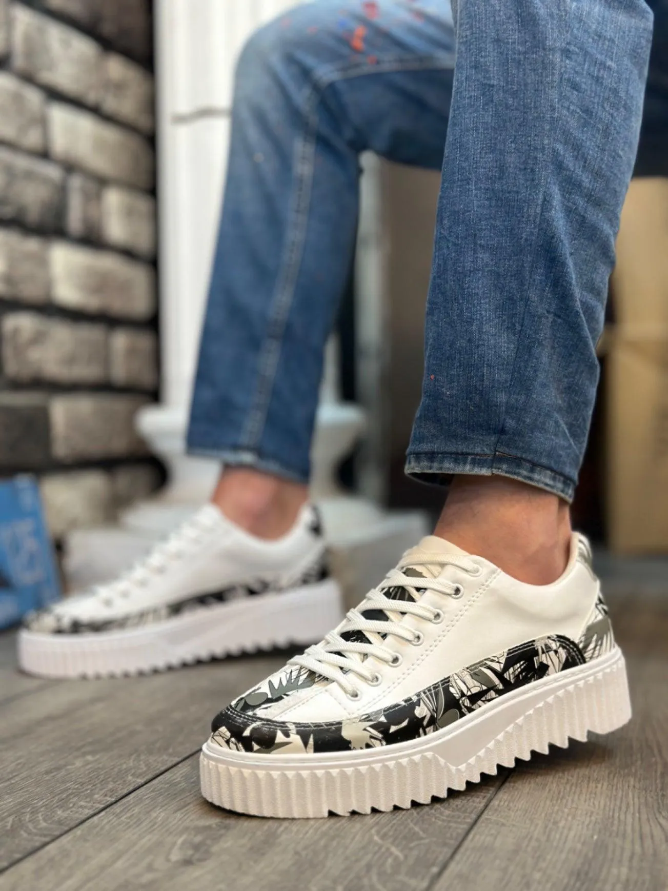 BA0801 High Sole Black Patterned Men's Sports Shoes