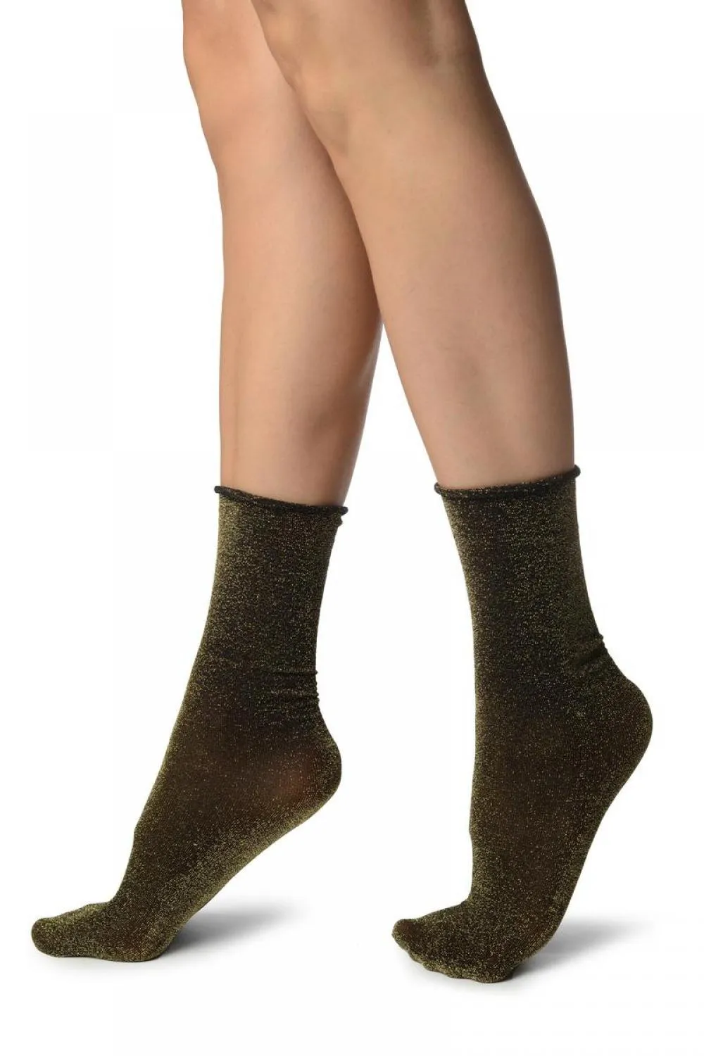 Black With Gold Lurex Comfort Top Ankle High Socks