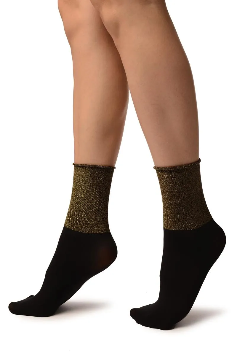 Black With Gold  Lurex Wide Stripe Top Ankle High Socks