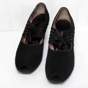 Dickerson 1940s Black Suede Tie Shoes 8 1/2 A Rockley Strom Co