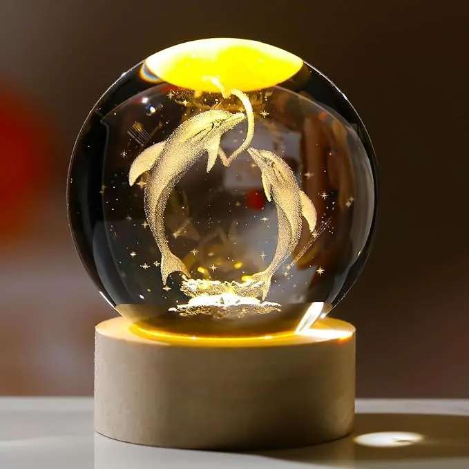 Knoxita Crystal Ball Cat Figurines with LED Wooden Base, Dolphin, Solar System 3D Laser Engraved Crystal Ball Night Light and Glass Sphere for Home Office Decor (3D Dolphin)