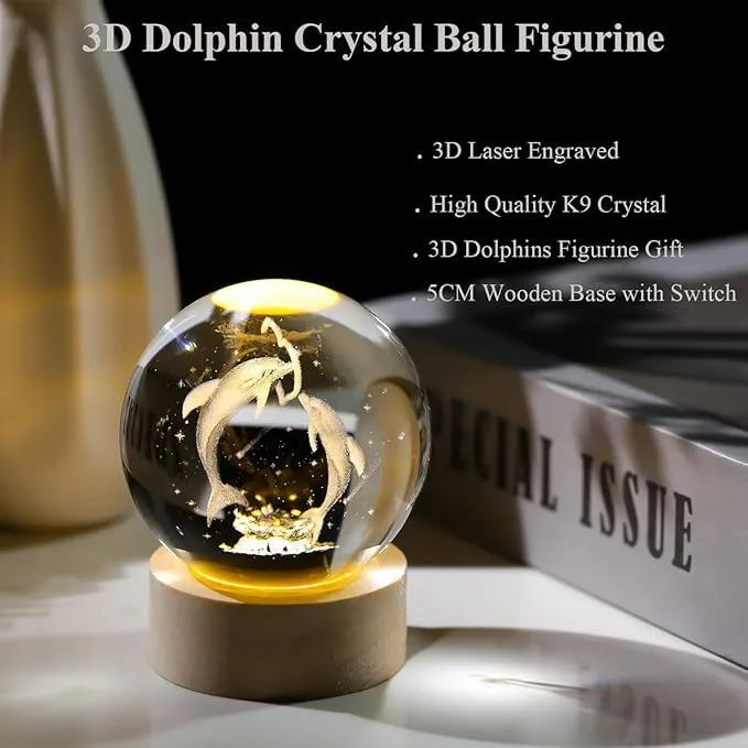 Knoxita Crystal Ball Cat Figurines with LED Wooden Base, Dolphin, Solar System 3D Laser Engraved Crystal Ball Night Light and Glass Sphere for Home Office Decor (3D Dolphin)