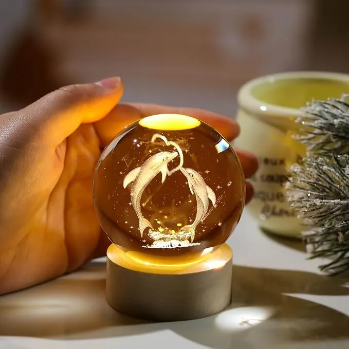 Knoxita Crystal Ball Cat Figurines with LED Wooden Base, Dolphin, Solar System 3D Laser Engraved Crystal Ball Night Light and Glass Sphere for Home Office Decor (3D Dolphin)