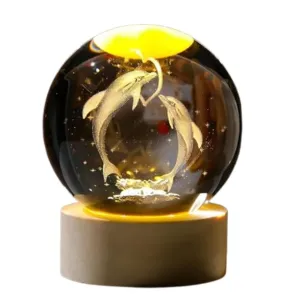 Knoxita Crystal Ball Cat Figurines with LED Wooden Base, Dolphin, Solar System 3D Laser Engraved Crystal Ball Night Light and Glass Sphere for Home Office Decor (3D Dolphin)