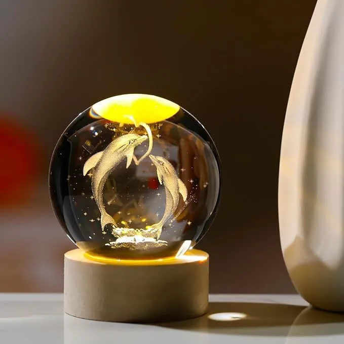 Knoxita Crystal Ball Cat Figurines with LED Wooden Base, Dolphin, Solar System 3D Laser Engraved Crystal Ball Night Light and Glass Sphere for Home Office Decor (3D Dolphin)