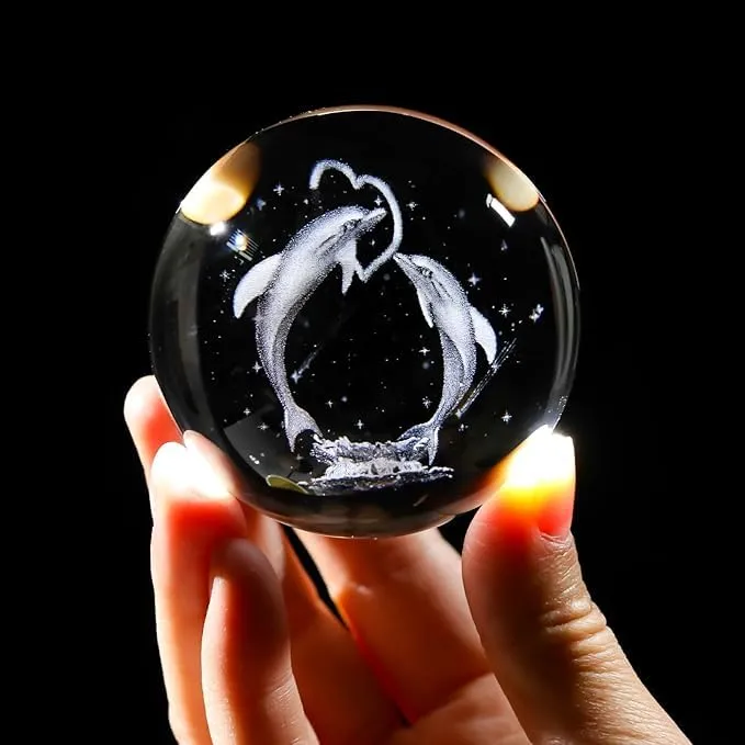 Knoxita Crystal Ball Cat Figurines with LED Wooden Base, Dolphin, Solar System 3D Laser Engraved Crystal Ball Night Light and Glass Sphere for Home Office Decor (3D Dolphin)