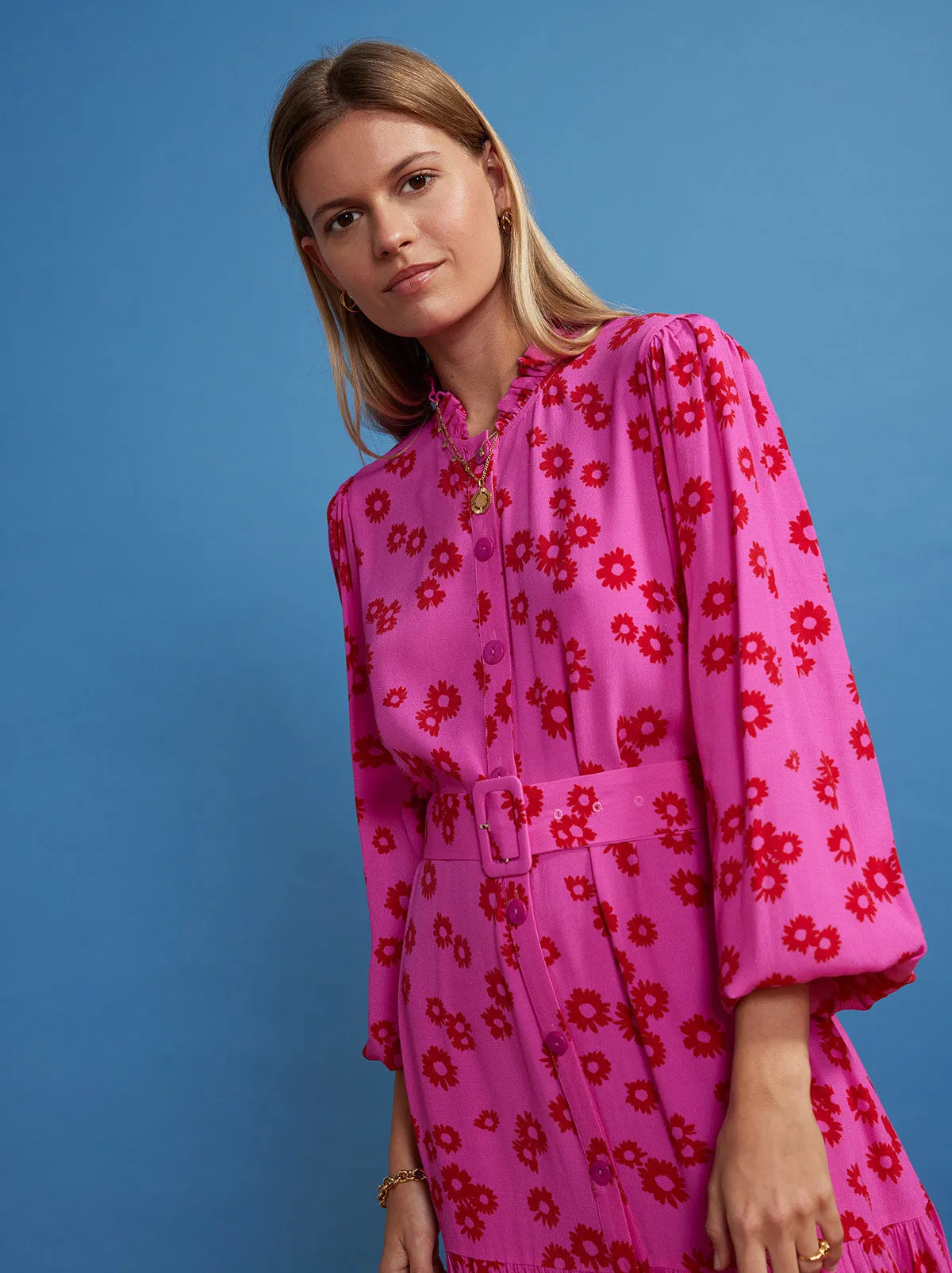 Lori Pink Daisy Print Shirt Dress