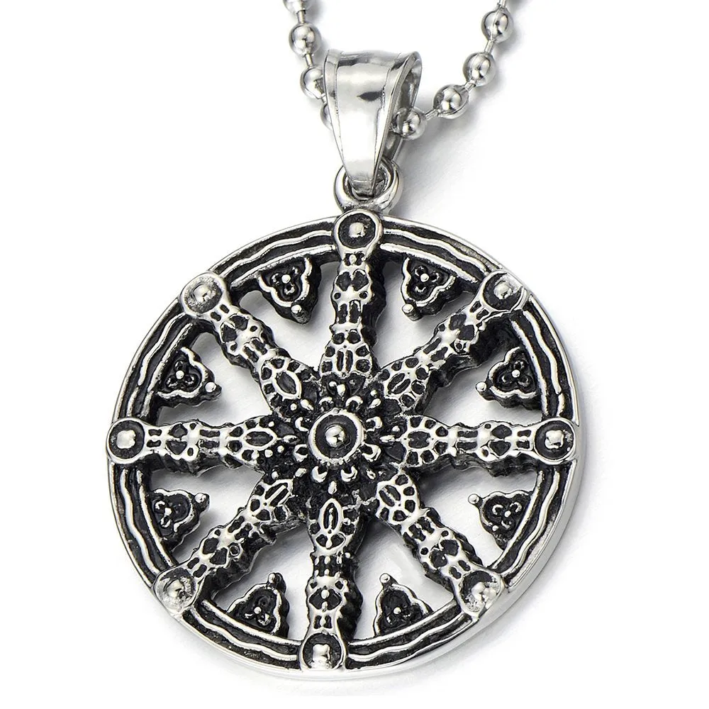 Mens Dharmachakra Pendant Dharma Wheel of Law Symbol Necklace Stainless Steel with 23.4 in Chain