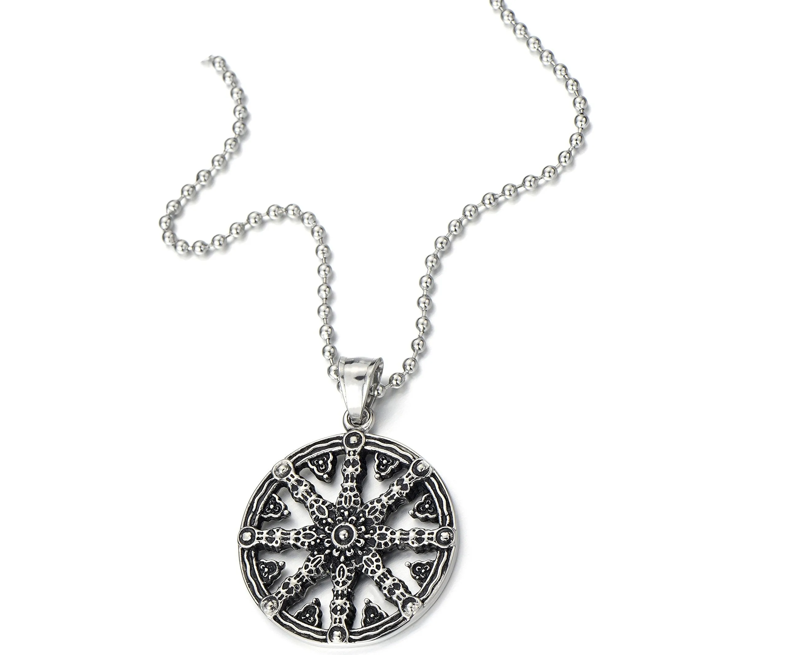 Mens Dharmachakra Pendant Dharma Wheel of Law Symbol Necklace Stainless Steel with 23.4 in Chain