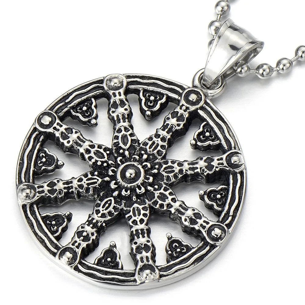 Mens Dharmachakra Pendant Dharma Wheel of Law Symbol Necklace Stainless Steel with 23.4 in Chain