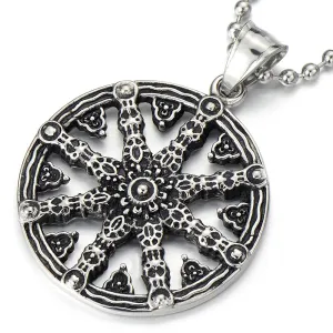 Mens Dharmachakra Pendant Dharma Wheel of Law Symbol Necklace Stainless Steel with 23.4 in Chain