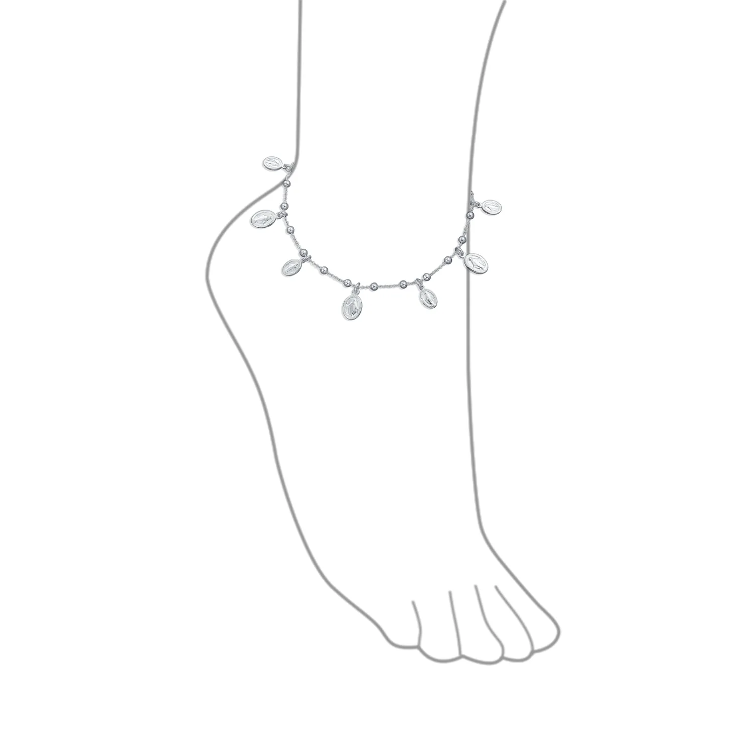 Multi Charm Virgin Mary Medallion Anklet Ankle Bracelet Sterling Silver 10 Inch
