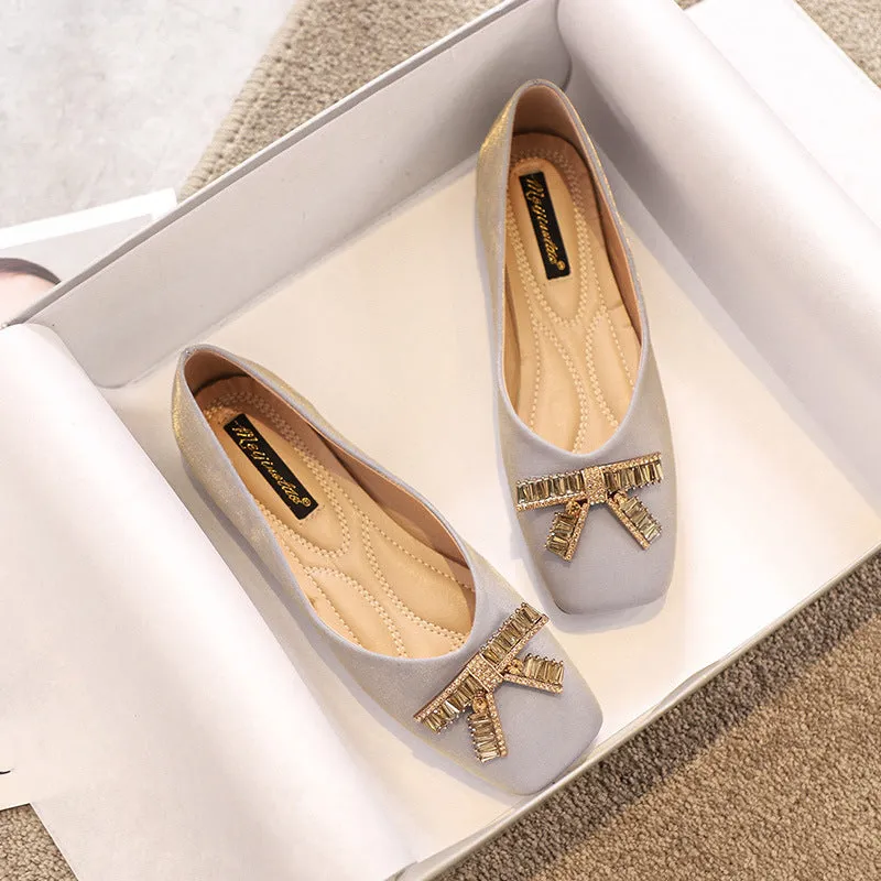 Nanccy Square Head Rhinestone Flat Bottom Women's Shoes