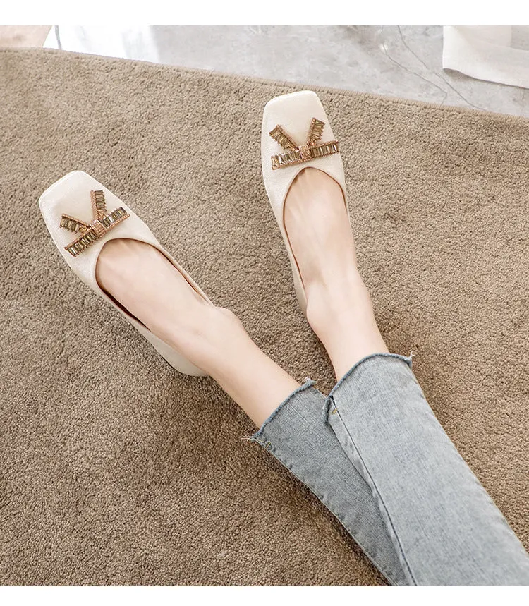Nanccy Square Head Rhinestone Flat Bottom Women's Shoes