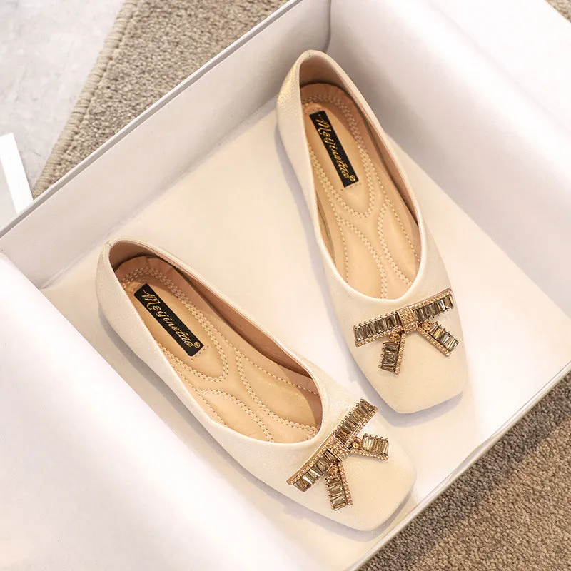 Nanccy Square Head Rhinestone Flat Bottom Women's Shoes