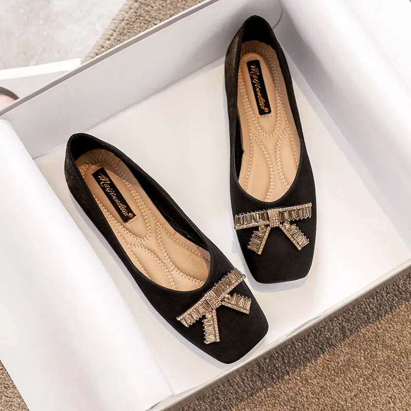Nanccy Square Head Rhinestone Flat Bottom Women's Shoes