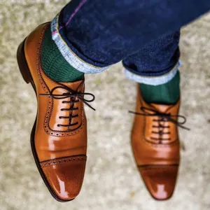 Tailor Made Handmade Bespoke Brown Leather Toe cap Oxford Men's Shoes