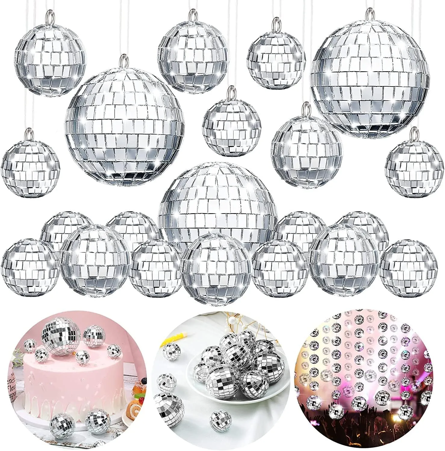 The Decor Affair Twinkle and Twirl: Assorted Hanging Mirror Combo - 15 Pcs Disco Ball Mirrors in Various Dimensions