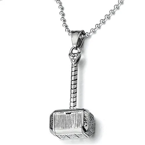 Thor's Hammer Necklace With Steel Ball Chain In Silver, Black, Or Gold