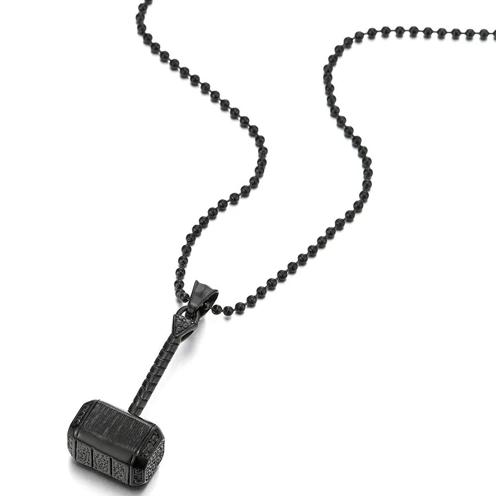 Thor's Hammer Necklace With Steel Ball Chain In Silver, Black, Or Gold
