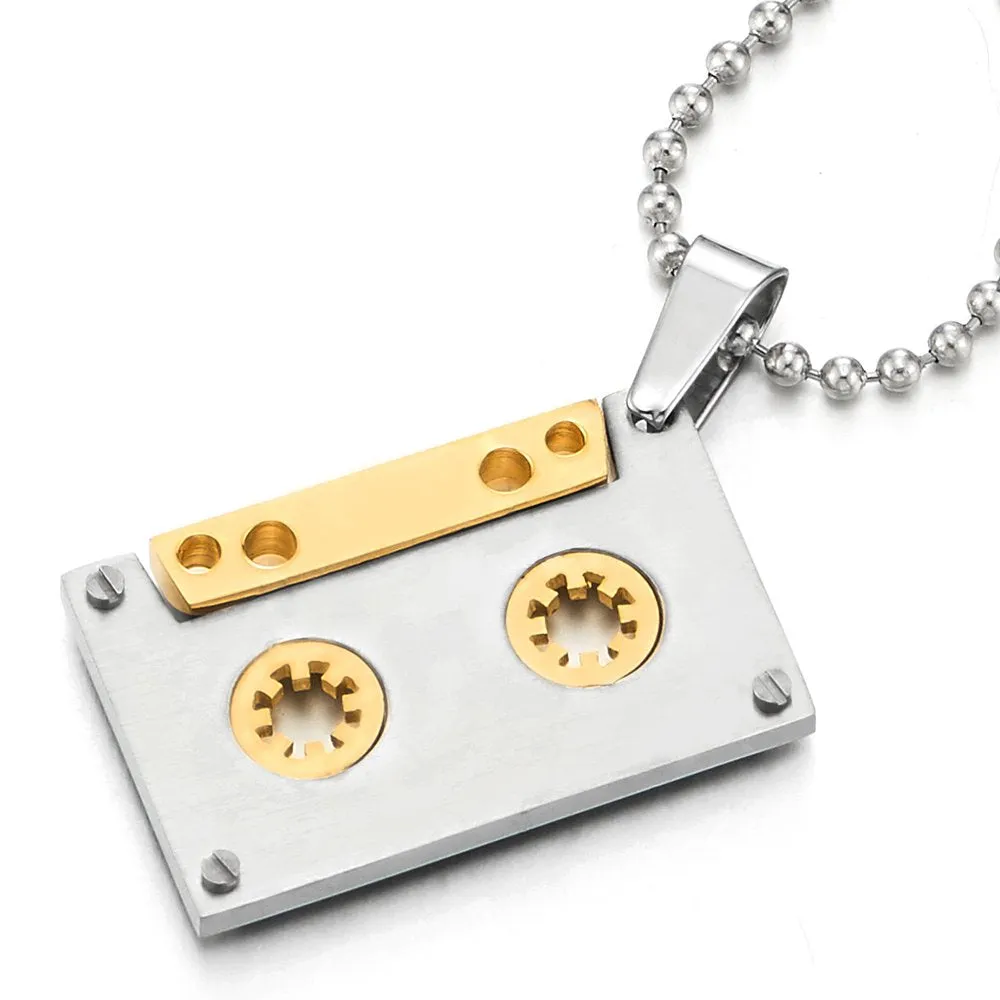 Unisex Cassette Pendant Necklace for Men for Women Stainless Steel with 30 Inches Ball Chain