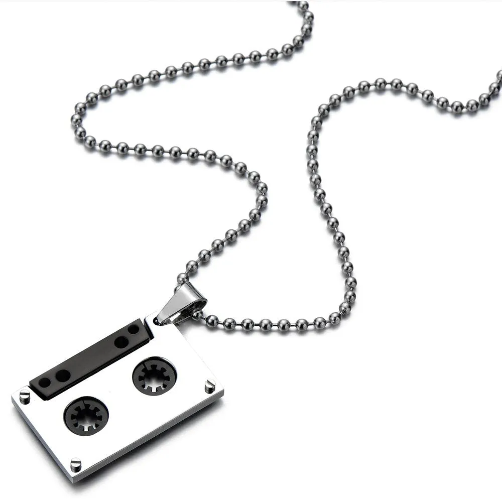 Unisex Cassette Pendant Necklace for Men for Women Stainless Steel with 30 Inches Ball Chain