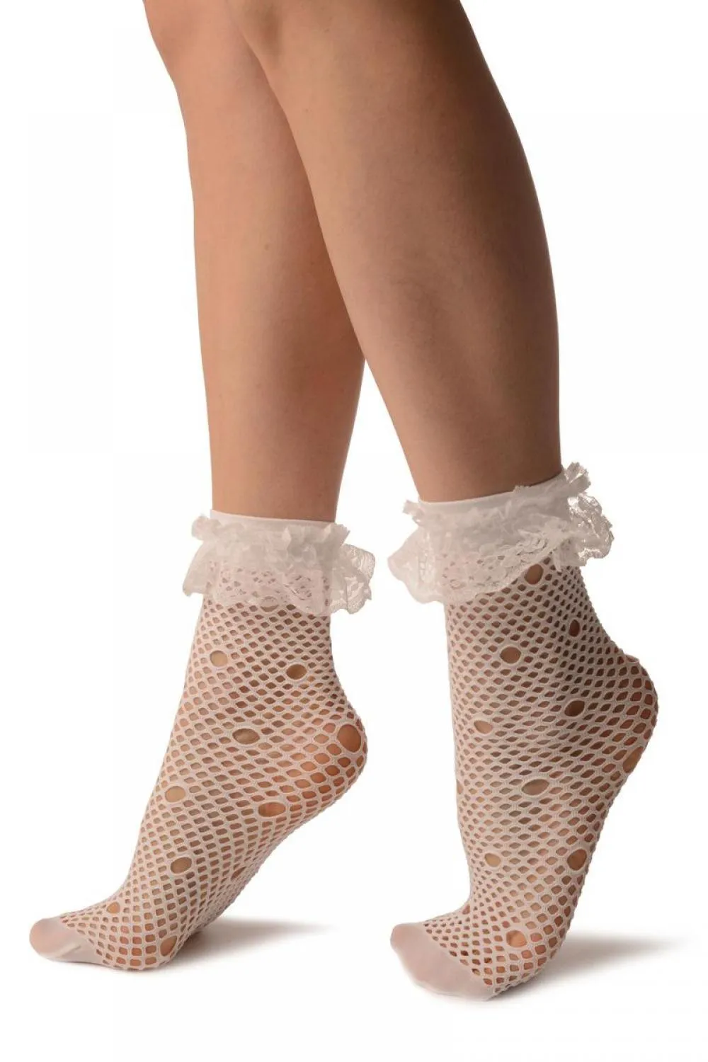 White Large Fishnet With Keyholes Socks Ankle High