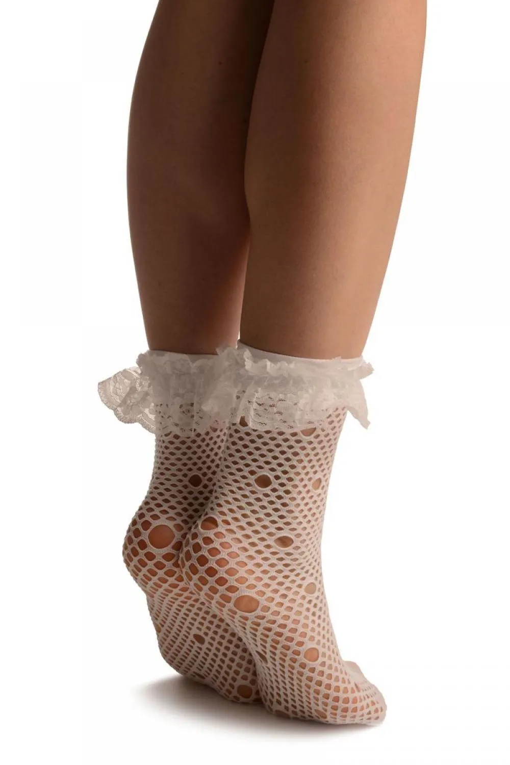 White Large Fishnet With Keyholes Socks Ankle High