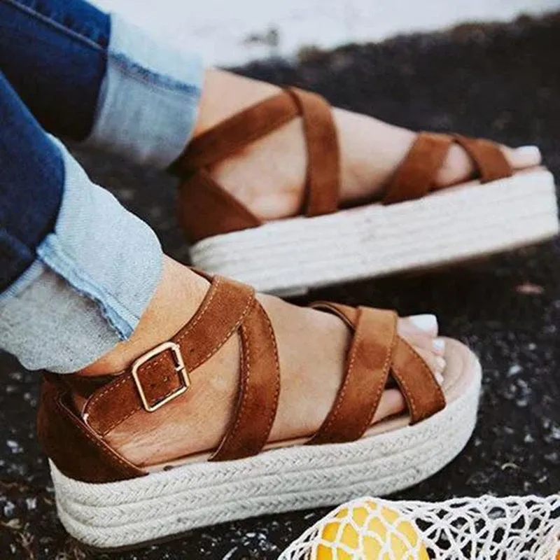 Womens Flat Shoes Hemp Rope Cross Strap Sandals